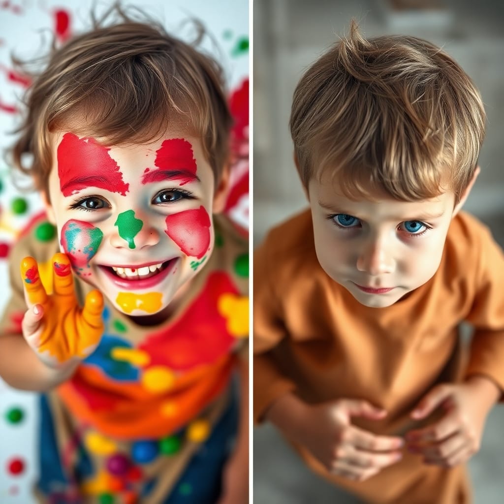 Kind mit bunten Händen und Kleidung