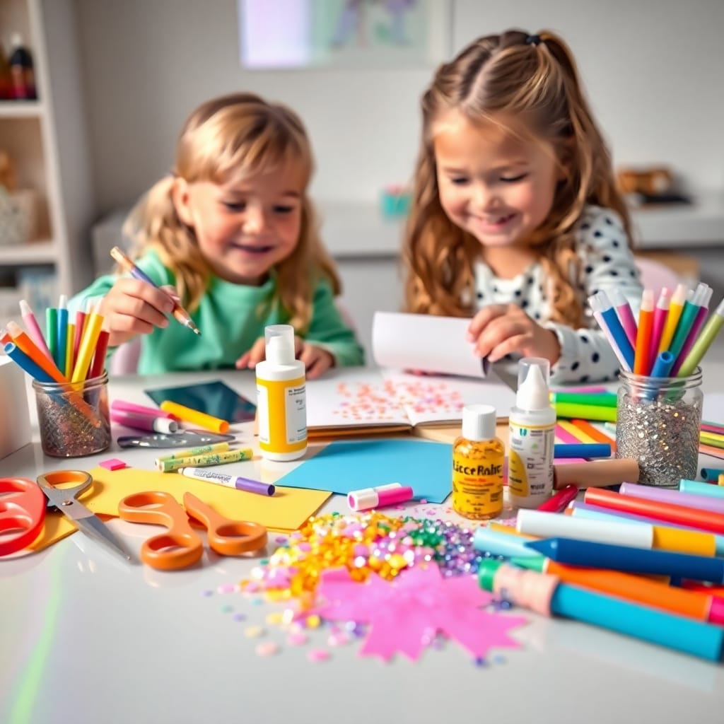 Kinder basteln Kinder basteln mit bunten Materialien.
