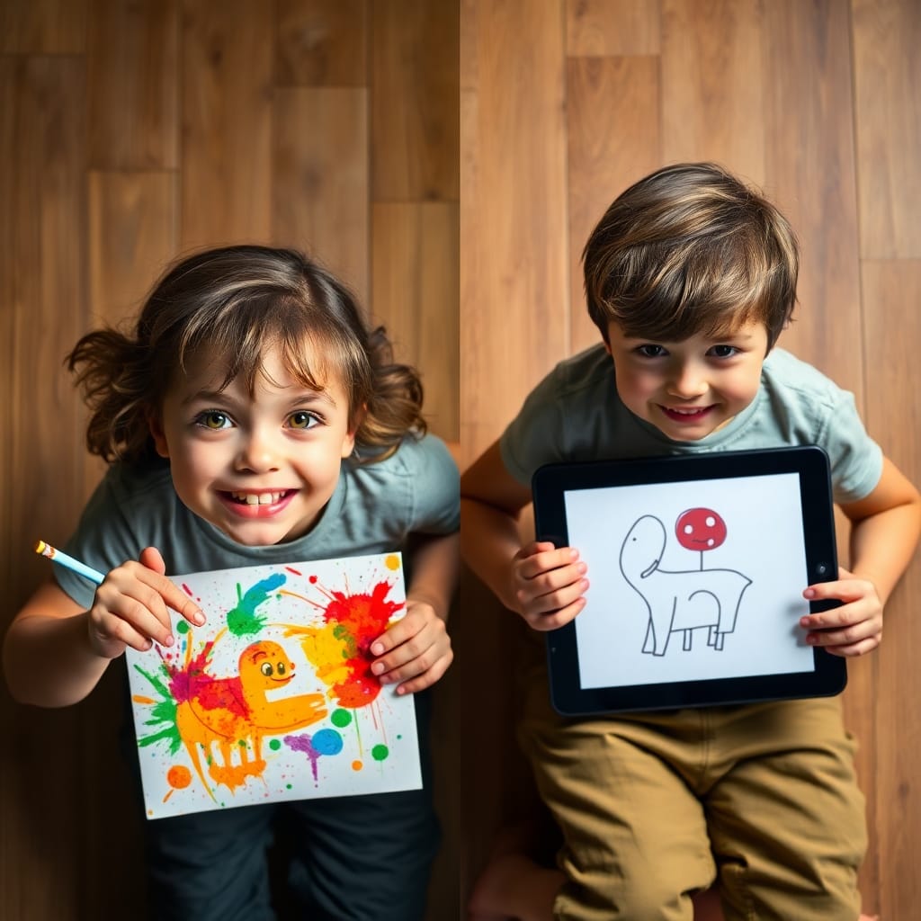 Kids Digital Kind hält bunte Zeichnungen und Tablet.