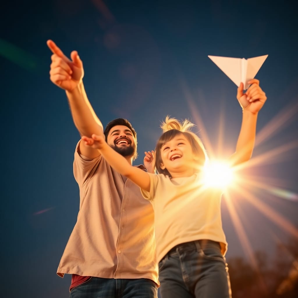 Vater und Kind werfen Papierflieger.