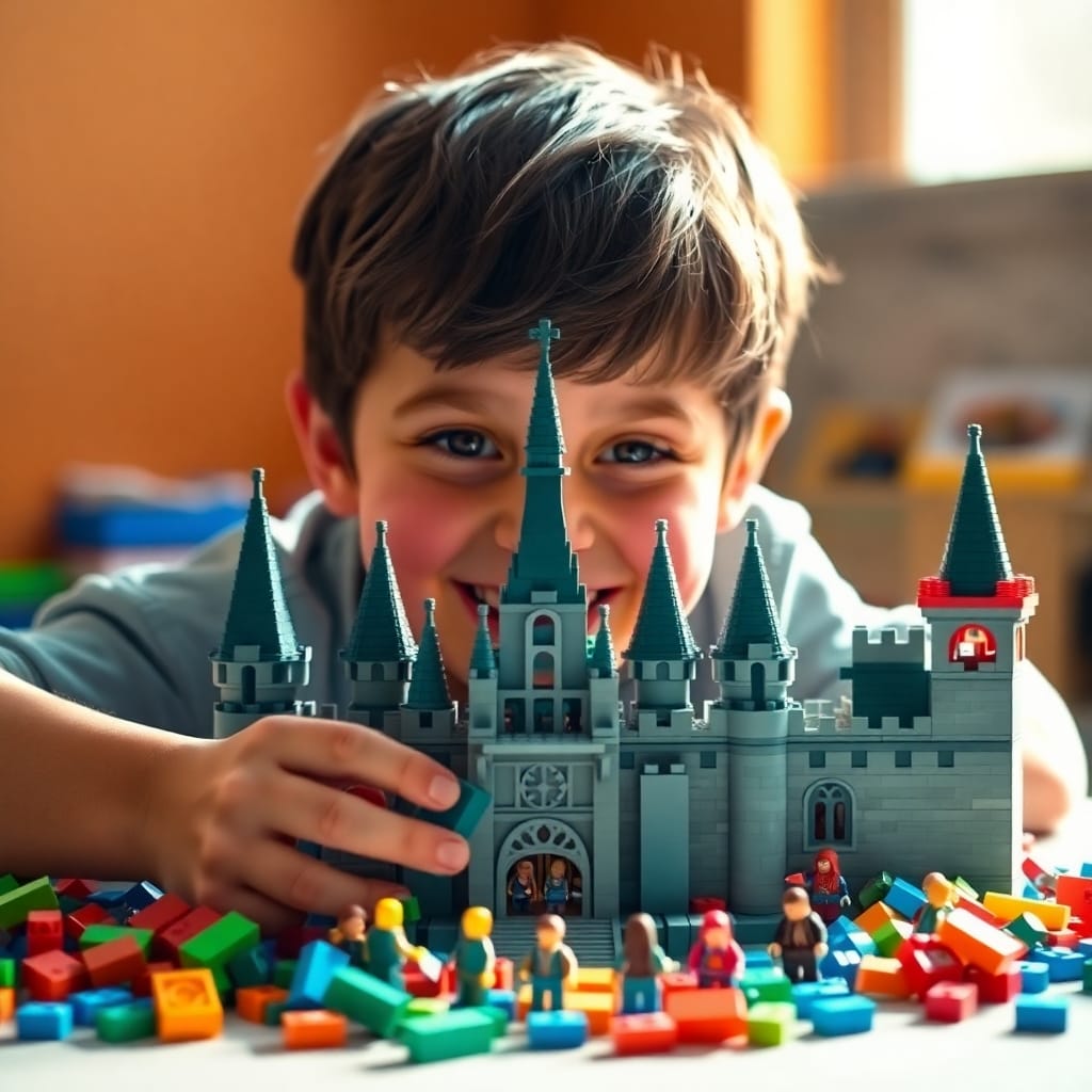 Konzentrationsspiele für Kinder mit ADHS Kind spielt mit Lego-Burg.