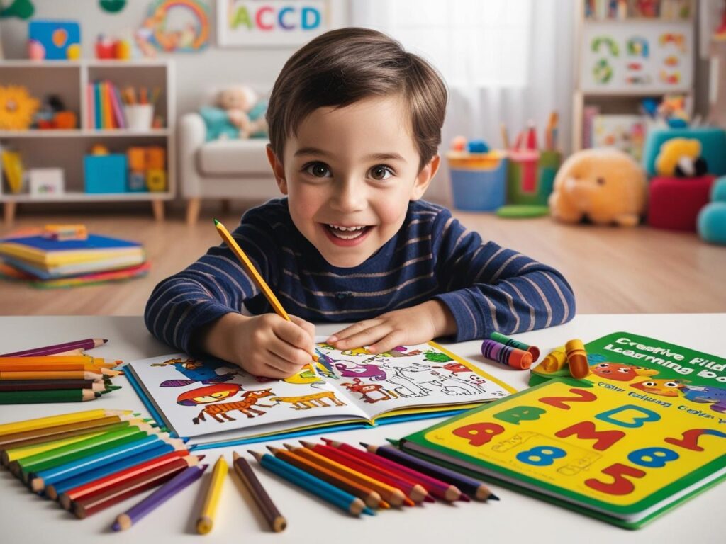 Ein farbenfrohes, verspieltes Bild eines Kindes, das mit Begeisterung ein Malbuch ausmalt. Lachendes Kind malt mit Buntstiften ein Malbuch am Tisch in einem bunten Kinderzimmer.