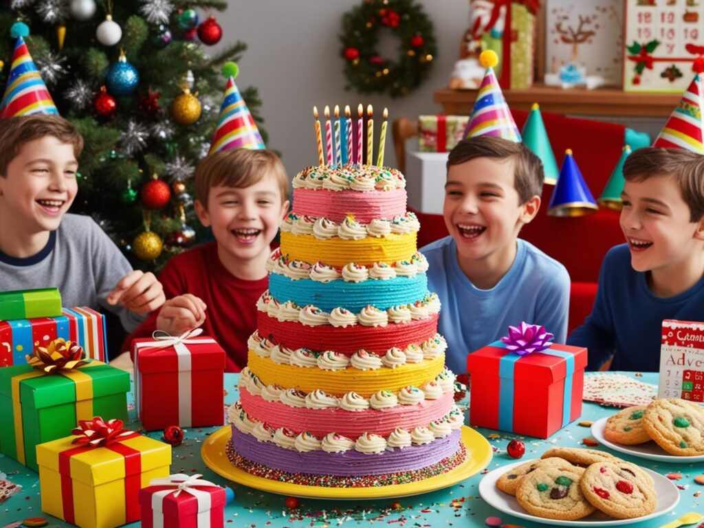 Unvergessliche Kinderfeste planen – Tipps für stressfreie Feiern & besondere Anlässe. Kinder feiern fröhlich mit Geburtstagskuchen, Geschenken und Partyhüten – besondere Momente stressfrei genießen