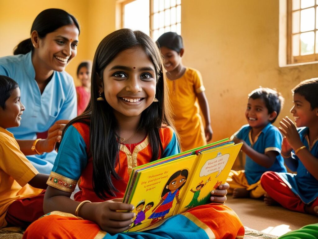 Kindern eine Zukunft schenken – Unsere Mission: Hilfe & Bildung weltweit ermöglichen. Fröhliche Kinder mit Büchern in einem Kinderheim – gemeinsames Lesen und Unterstützung weltweit