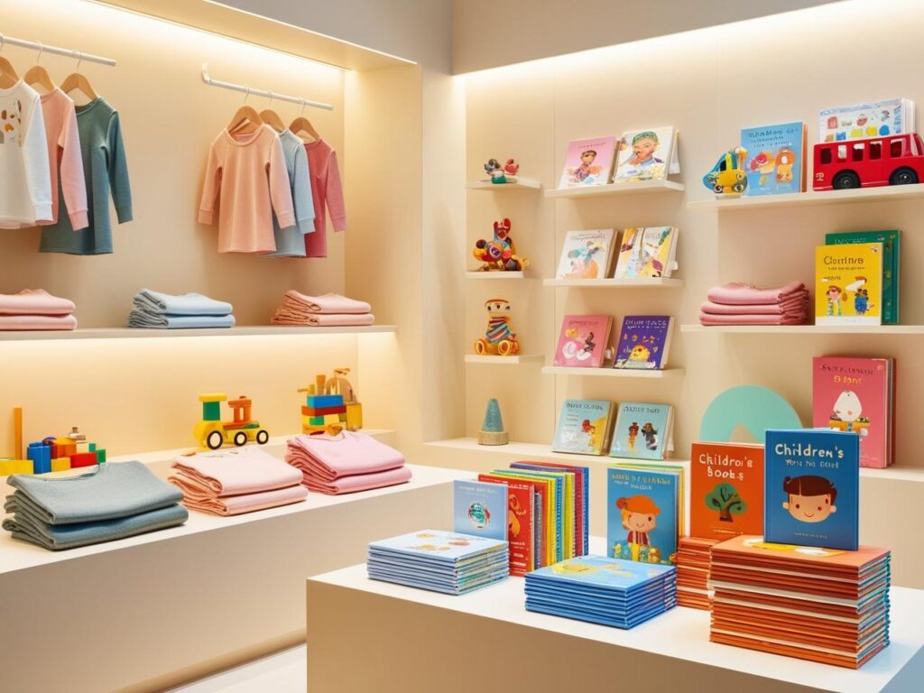 Shopping mit Sinn – Empfehlungen für Kindermode, Spielzeug & praktische Eltern-Helfer. Modernes Kinderladen-Regal mit Kleidung, Spielzeug und Büchern – sinnvolles Einkaufen für Familien.