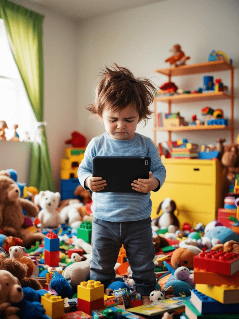 Medienkonsum regulieren Kind mit Tablet in Spielzeugchaos