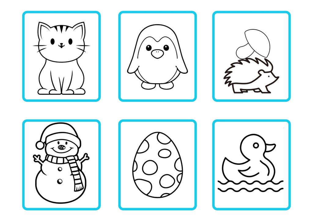Sechs kostenlose Ausmalvorlagen für Kinder mit niedlichen Tiermotiven: Katze, Pinguin, Igel, Schneemann, Osterei, Ente
