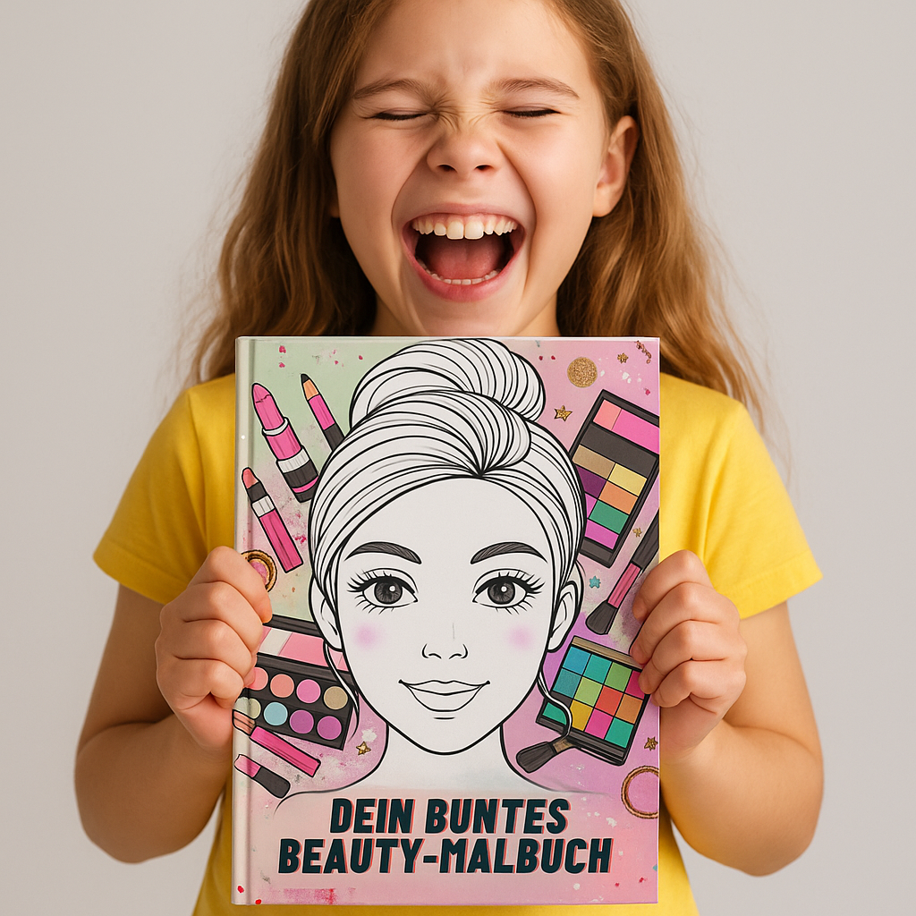 Lächelndes Mädchen präsentiert das Beauty-Malbuch – perfekt als kreatives Geschenk für Vorschul- und Grundschulkinder