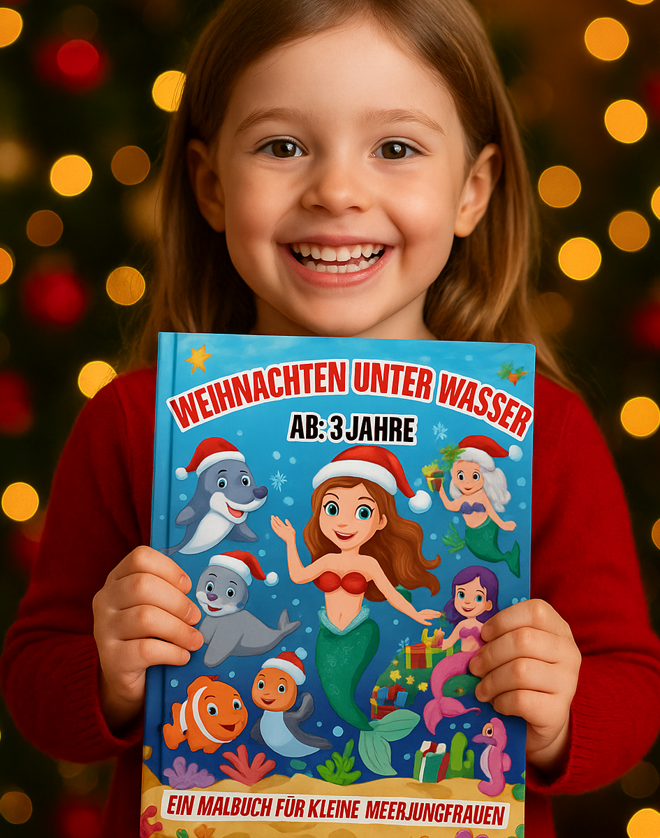 Mädchen hält ein festliches Malbuch mit Meerjungfrau und Unterwassertieren vor leuchtendem Weihnachtsbaum