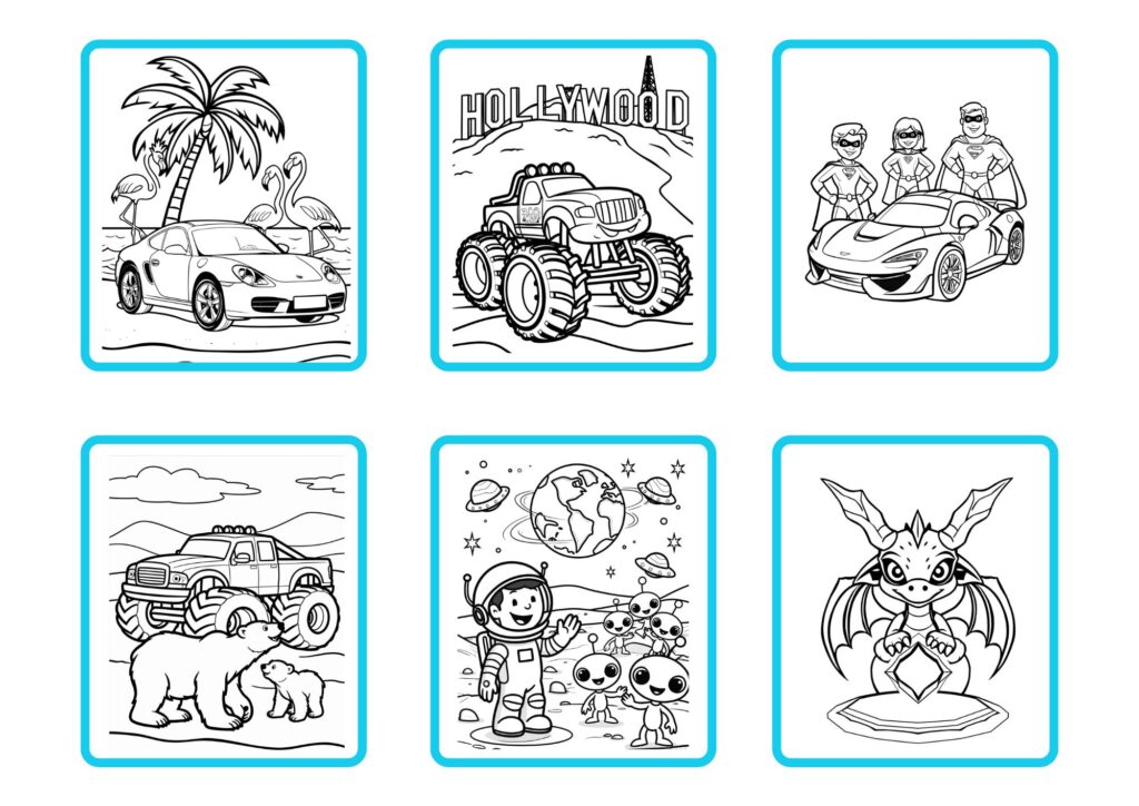 Sechs Ausmalbilder für Kinder: Sportwagen mit Flamingos, Monstertruck vor „Hollywood“-Schriftzug, Superhelden mit Auto, Geländewagen mit Eisbären, Astronaut mit Aliens im Weltraum und ein kleiner Drache mit Kristall