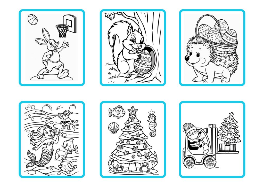 Sechs lustige Ausmalbilder: Meerjungfrau, Weihnachtsbaum, Hase mit Ei, Osterigel, Nikolaus mit Gabelstapler