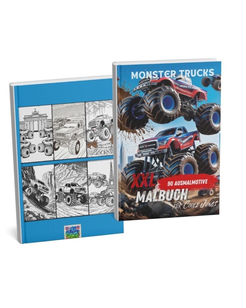 Rückseite und Vorderseite des Monstertrucks XXL Malbuchs mit 80 Ausmalmotiven – inklusive Vorschau der Illustrationen im Inneren