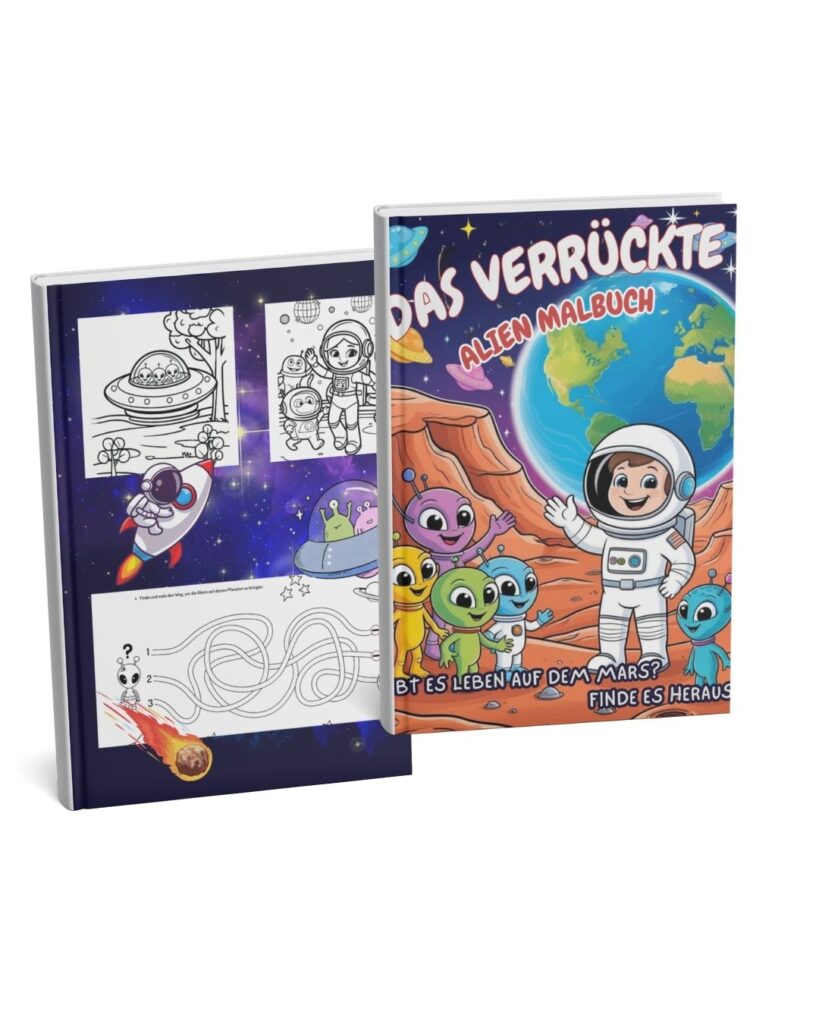 Vorder- und Rückseite des Alien-Malbuchs „Das verrückte Alien Malbuch“ mit bunten Illustrationen, einem Astronautenkind und spielerischen Zeichenübungen im Weltraum-Stil