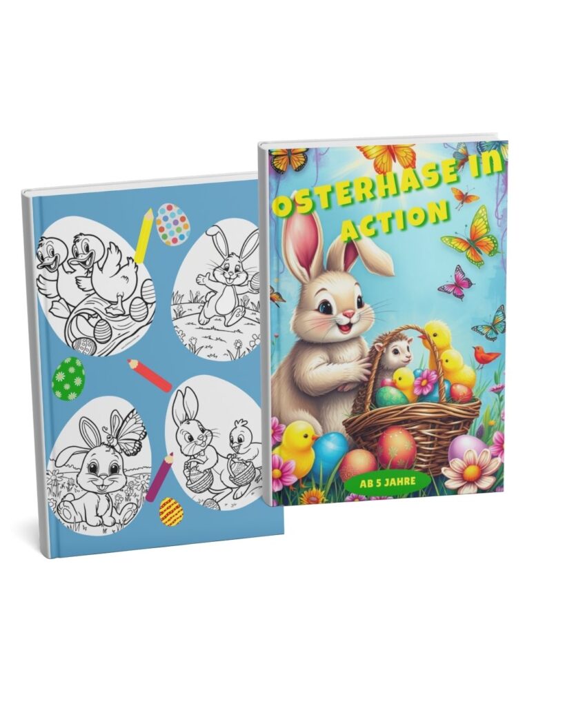 Malbücher im Regal im Hintergrund, mit Aufruf zur Bestellung digitaler Vorlagen im Happy Kids Shop