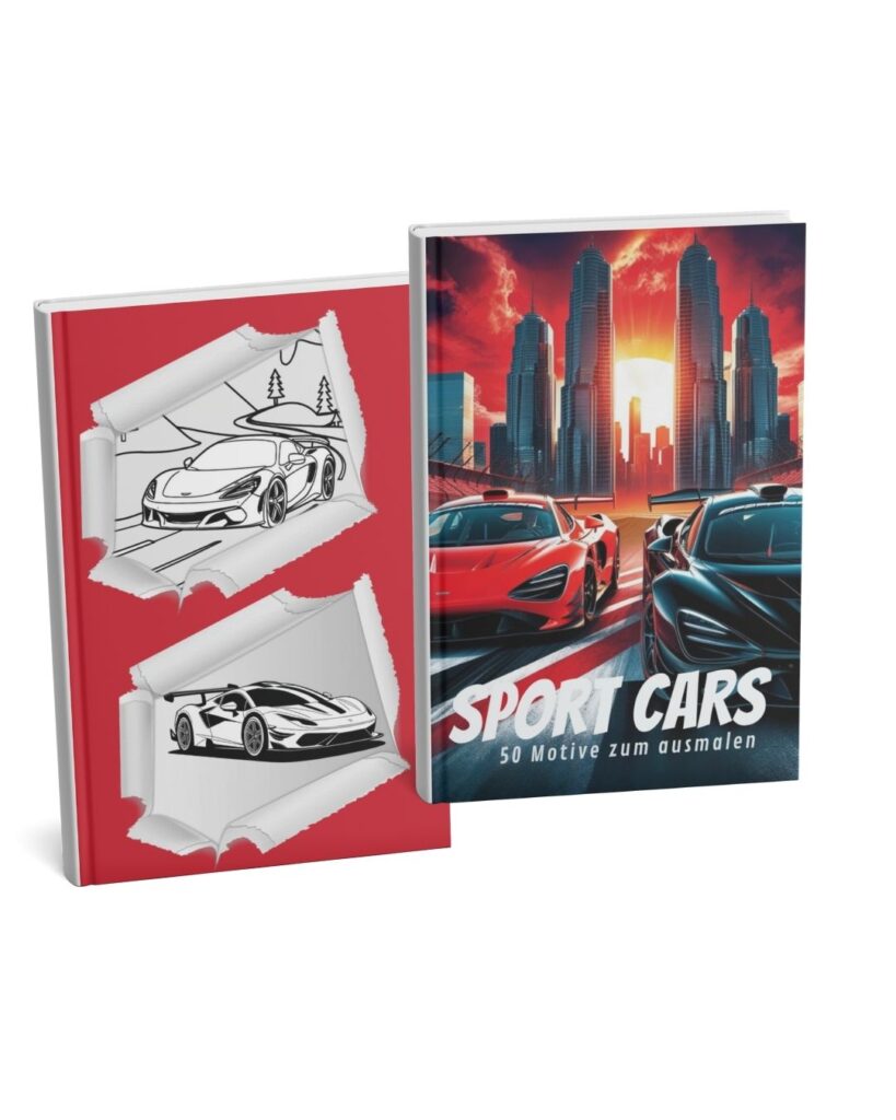 Zwei Auto-Malbücher für Kinder mit Sportwagen und Rennmotiven – ein Buch mit dynamischer Covergestaltung in Rot, das andere mit Stadt-Hintergrund und drei Autos auf der Straße