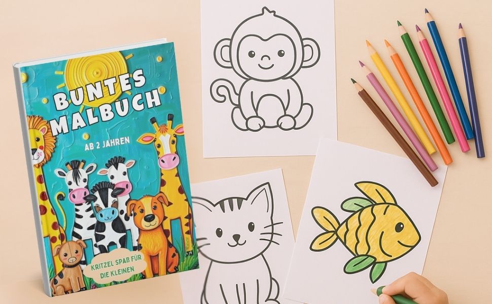 Buntes Malbuch für Kinder ab 2 Jahren mit Tiercover, daneben Ausmalbilder von Affe, Katze und Fisch sowie Buntstifte in Regenbogenfarben auf hellem Tisch

