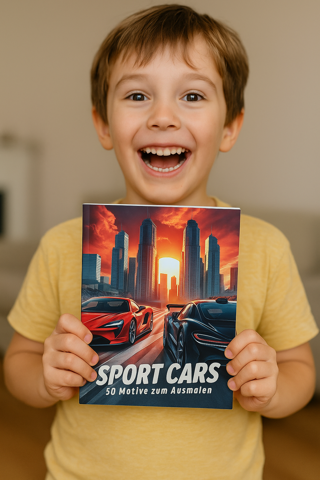 Junge hält Auto-Malbuch in der Hand und lächelt begeistert – ideales Geschenk für kleine Autofans ab 3 Jahren