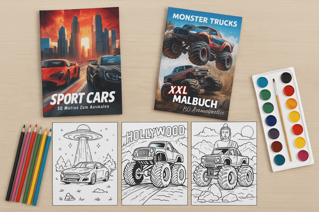 Zwei Auto-Malbücher für Kinder („Sport Cars“ und „Monster Trucks XXL“) mit Buntstiften, Wasserfarben und drei Ausmalbildern – darunter ein UFO mit Auto, ein Monstertruck in Hollywood und ein Truck vor einer Buddha-Statue