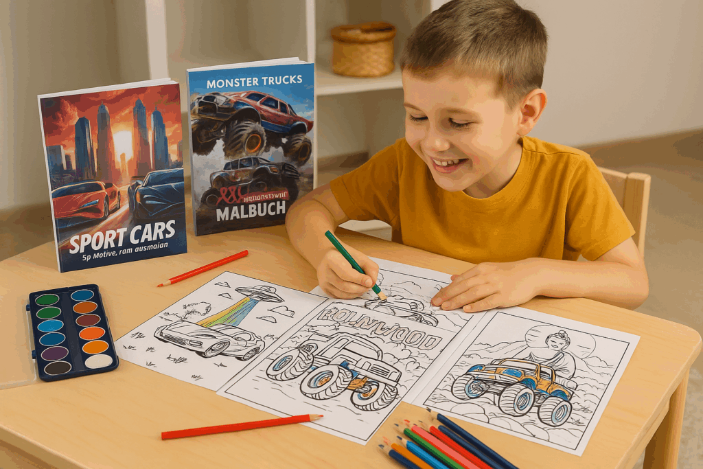 Zwei Auto-Malbücher für Kinder („Sport Cars“ und „Monster Trucks XXL“) mit Buntstiften, Wasserfarben und drei Ausmalbildern – darunter ein  Monstertruck in Hollywood und ein Truck . Ein Junge malt die Bilder aus 