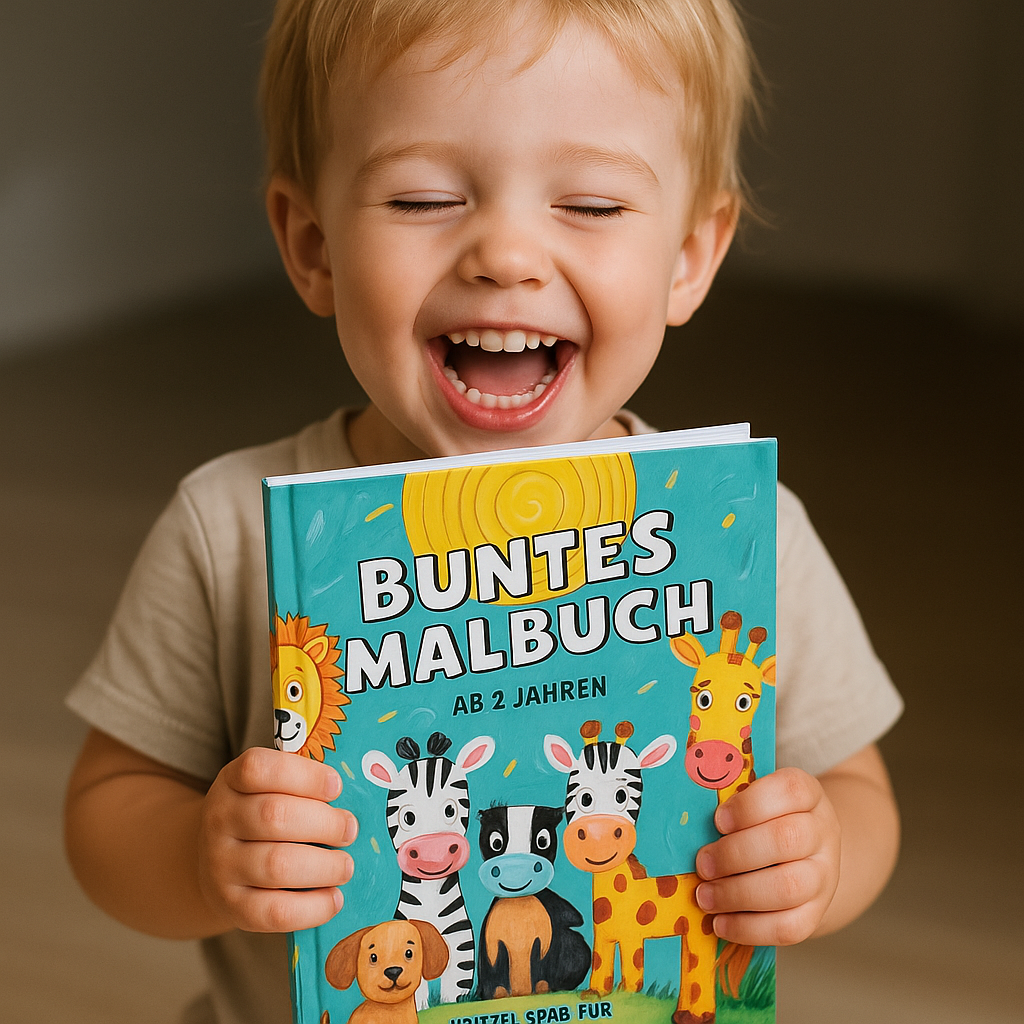Kind freut sich über das Buntes Malbuch zum ausmalen. auf dem Buchcover sind Löwen,zebra,Hund,Girafe zu sehen 