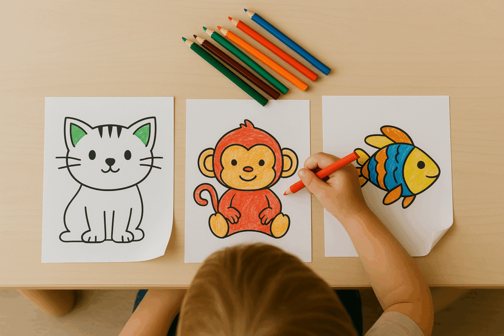 Kind malt am Tisch bunte Tier-Ausmalbilder aus: eine Katze, ein roter Affe und ein gelber Fisch – mit Buntstiften in verschiedenen Farben
