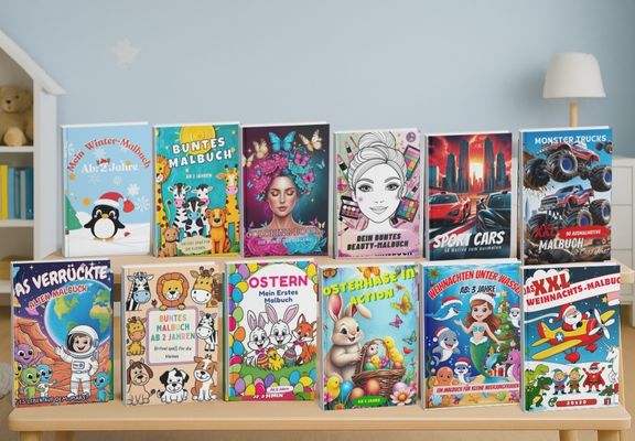 Farbige Buchrücken der Kinder-Malbücher auf Regal im Kinderzimmer, Fokus auf festliche Bücher mit Amazon-Button
