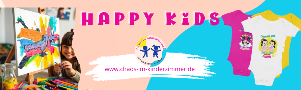 Banner mit lachendem Kind beim Malen, Happy Kids Logo und bunten Babybodys in Pink, Blau und Weiß