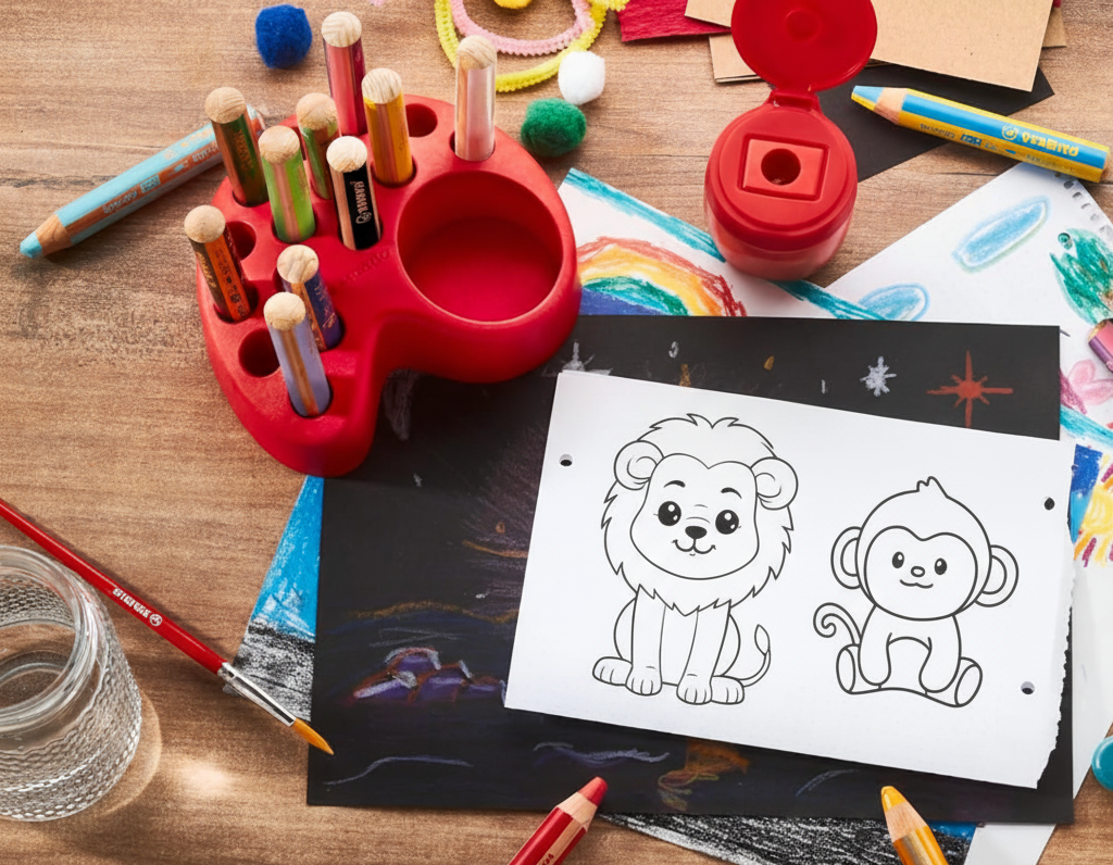 Buntstifte von Stabilo Malutensilien und Zeichnungen von Tieren