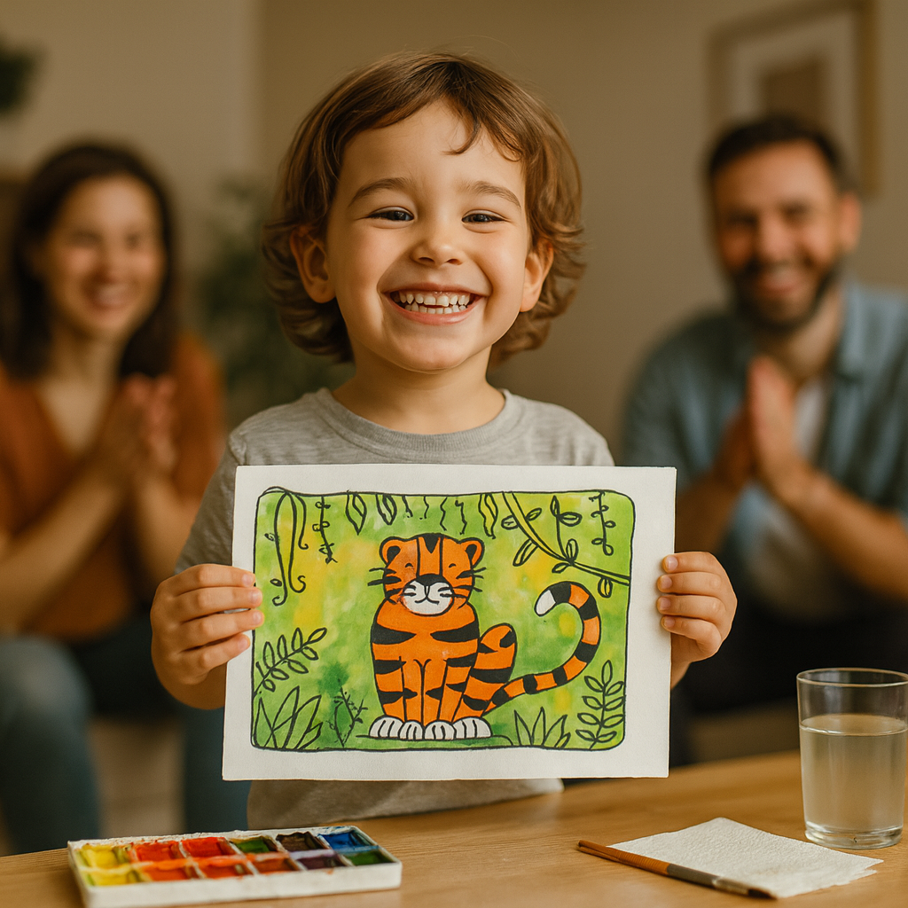 Lächelndes Kind mit Tiger-Gemälde