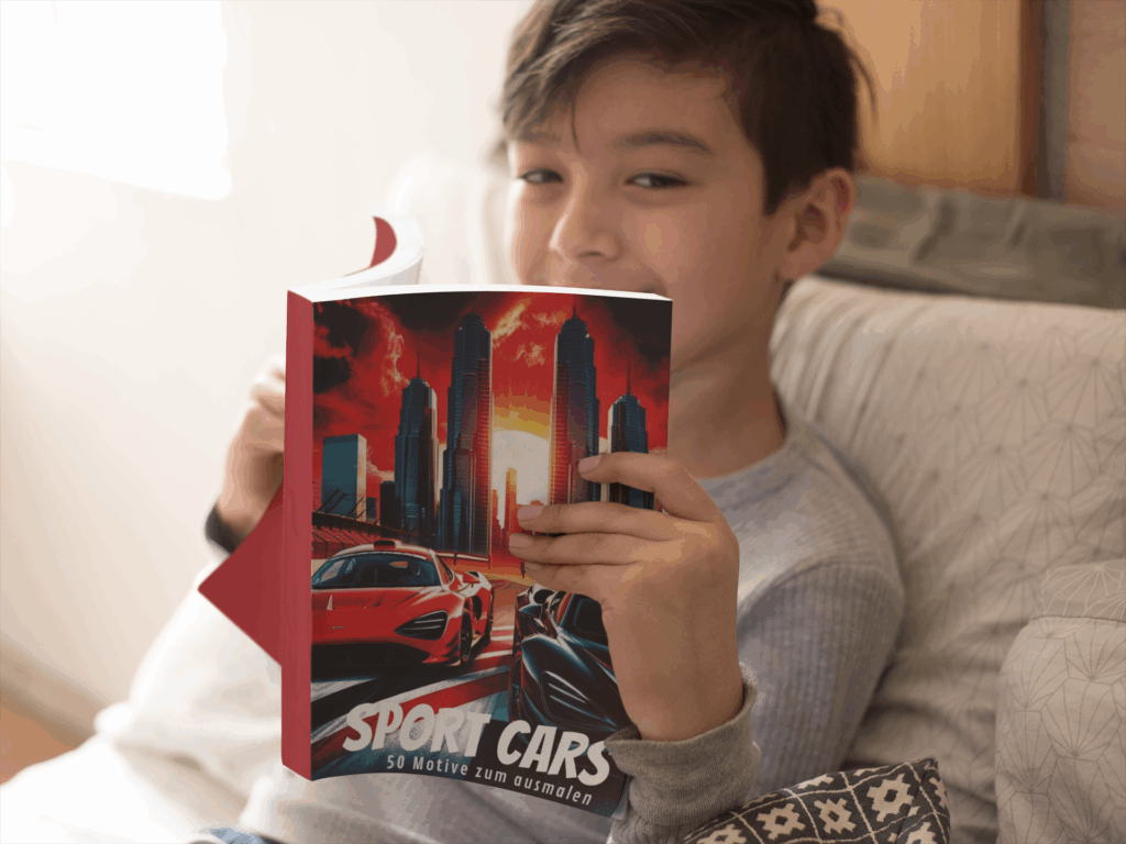 happy-boy-reading-a-paperback-book-mockup-on-his-couch-a19155 Junge liest Buch über Sportwagen.