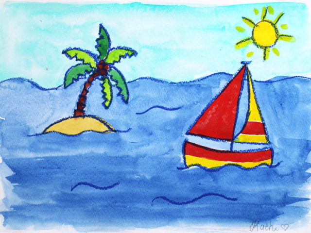 Sommerliches Kinderbild mit Segelboot, Sonne und Palme – einfache Aquarellzeichnung für Kinder ab 6 Jahren.
