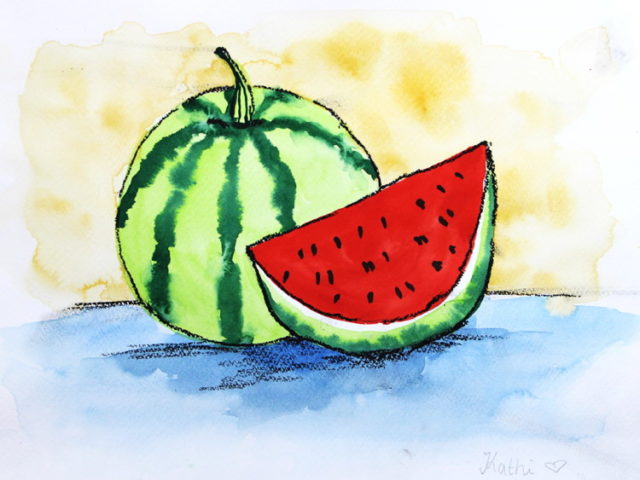 Buntes Aquarellbild einer aufgeschnittenen Wassermelone – Sommerliches Malmotiv für Kinder.