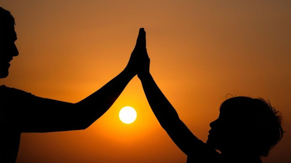 Vater und Kind bei Sonnenuntergang