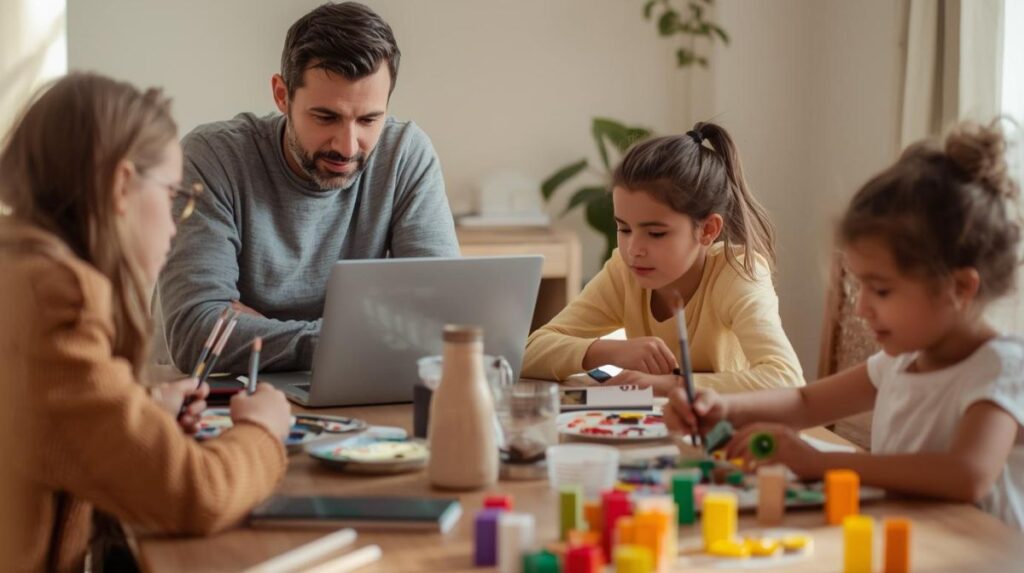 ADHS Familie Familie malt und arbeitet zusammen.