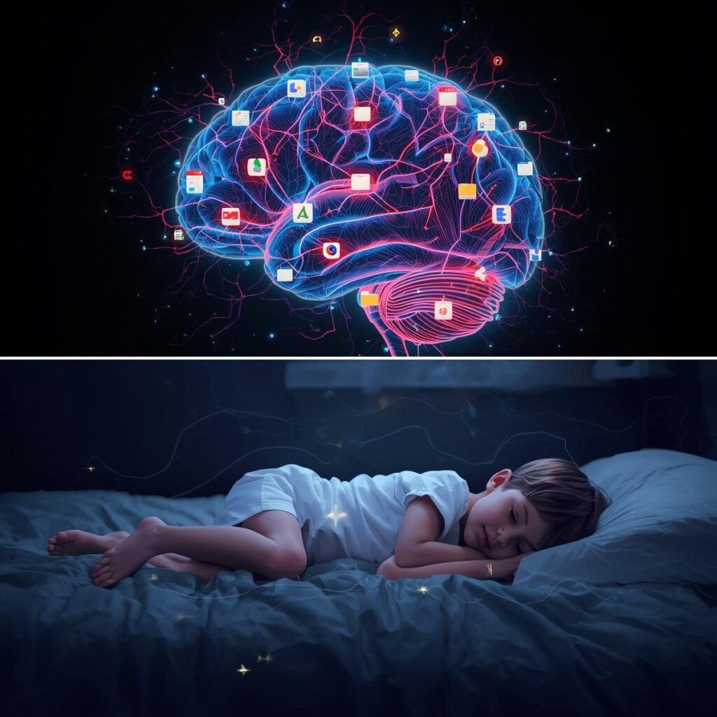 ADHS_ Gehirn mit 50 offenen Tabs am Laptop __RLS_ Kind liegt im Bett, Beine „zappeln“ wie kleine Blitze oder Wellenlinien → Bewegung sichtbar. Vernetztes Gehirn und schlafendes Kind.