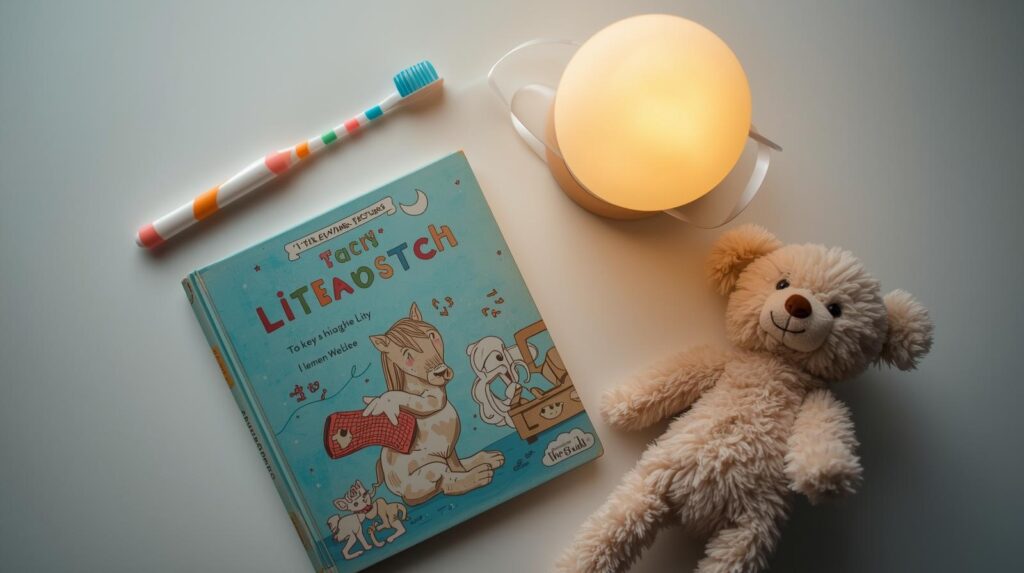 Zahnbürste, Buch, Nachtlicht, Kuscheltier.