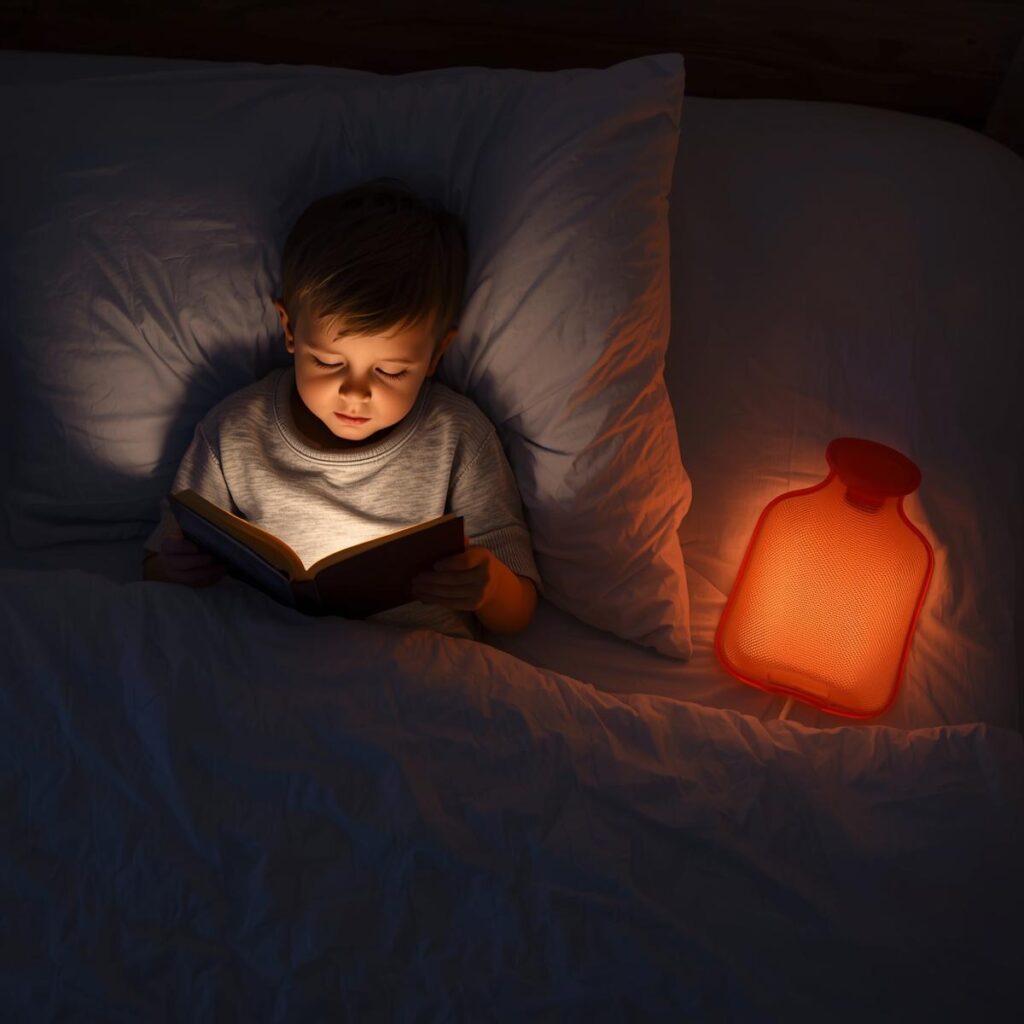 Kind liest Buch mit Nachtlicht.