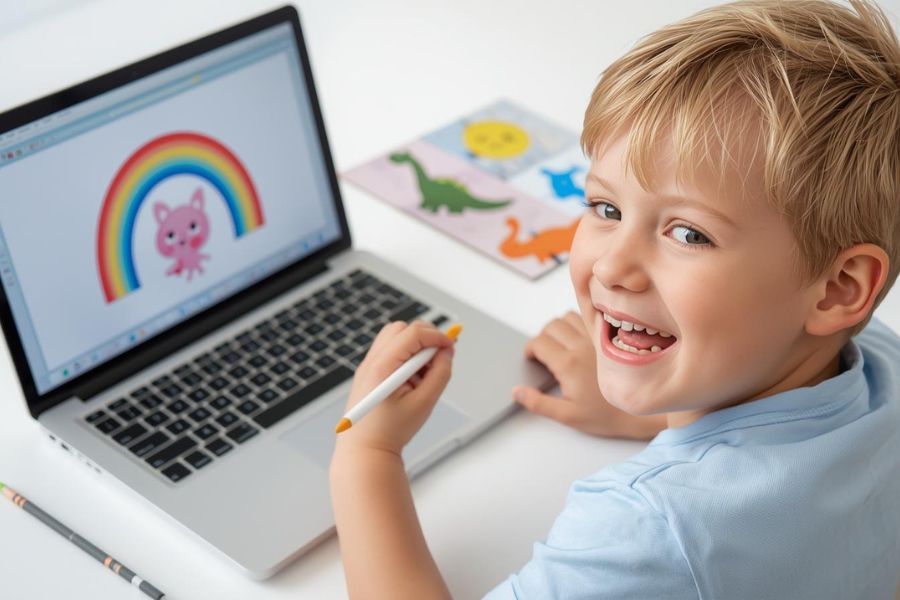 Kind malt mit buntem Regenbogen.