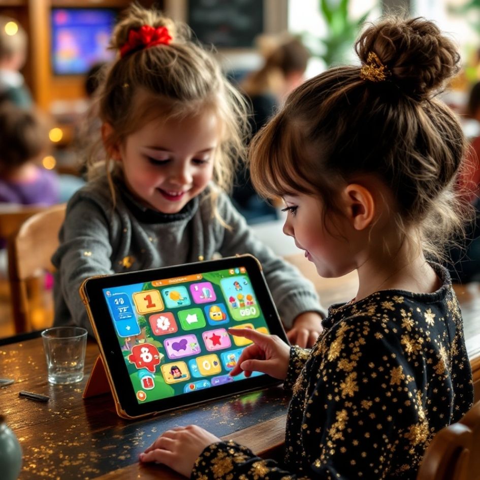 Dizainas be pavadinimo (12) Kinder spielen mit einem Tablet.