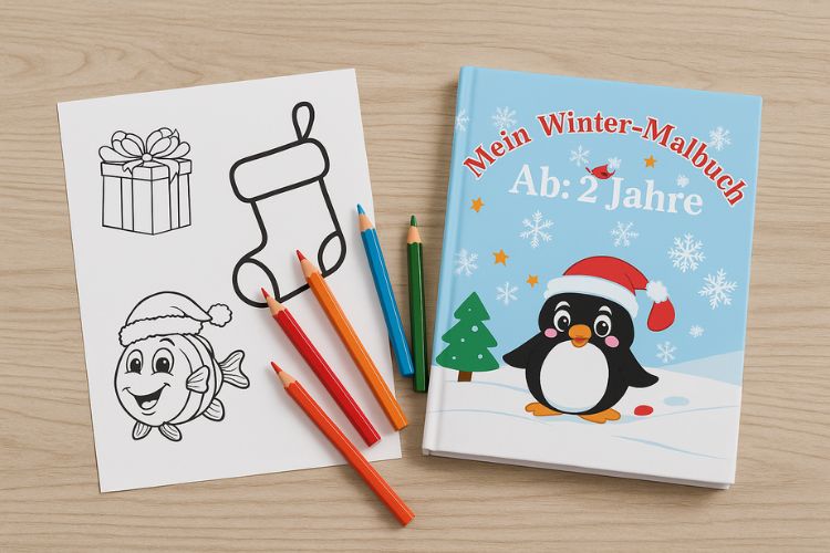 Malbuch mit Weihnachtsmotiven und Stiften