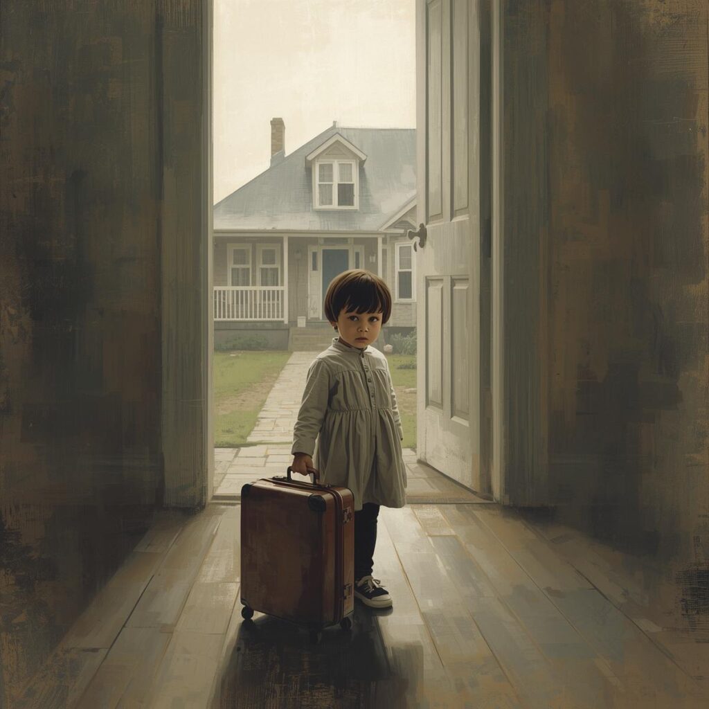 Kind mit Koffer steht vor Tür.