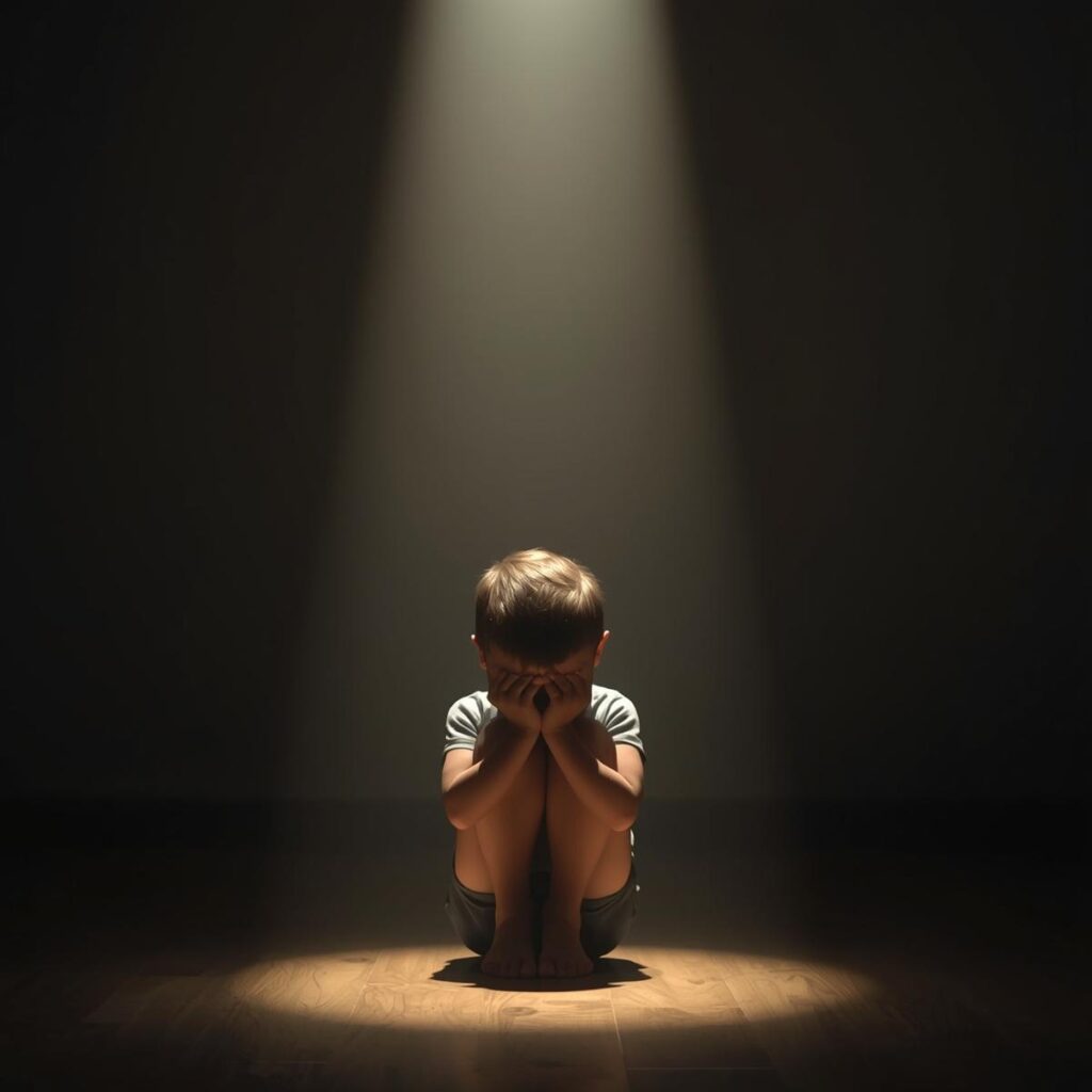 Kind sitzt allein im Dunkeln.
