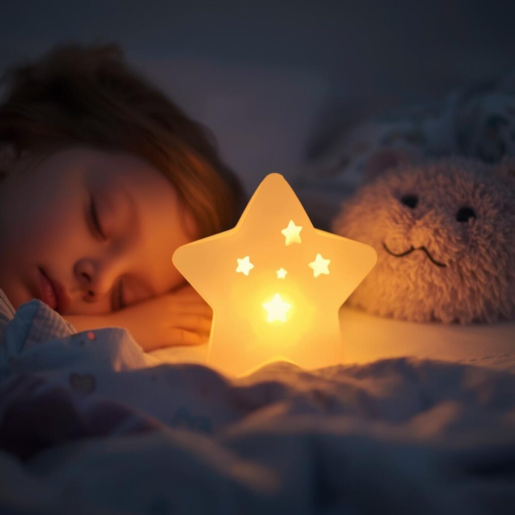 Ein sanft leuchtender Stern oder Nachtlampe, die beruhigend aufs Kind wirkt. Sternenlampe leuchtet sanft im Dunkeln.