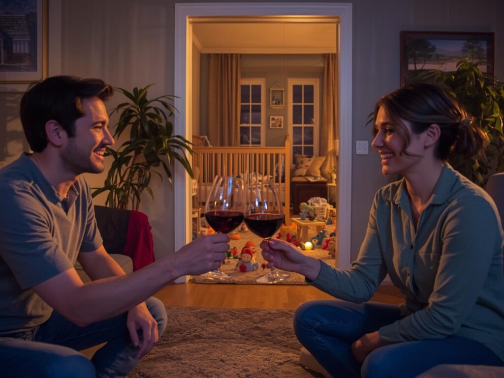 Eltern feiern Ruhe mit Wein.