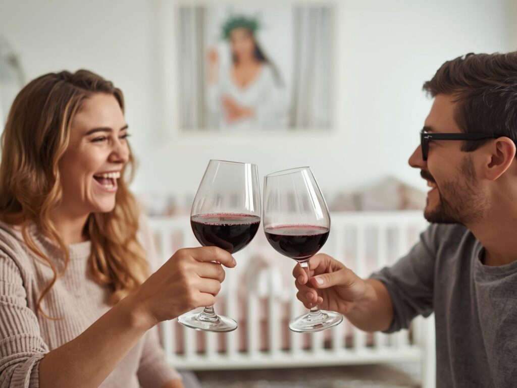 Eltern feiern Ruhe mit Wein.