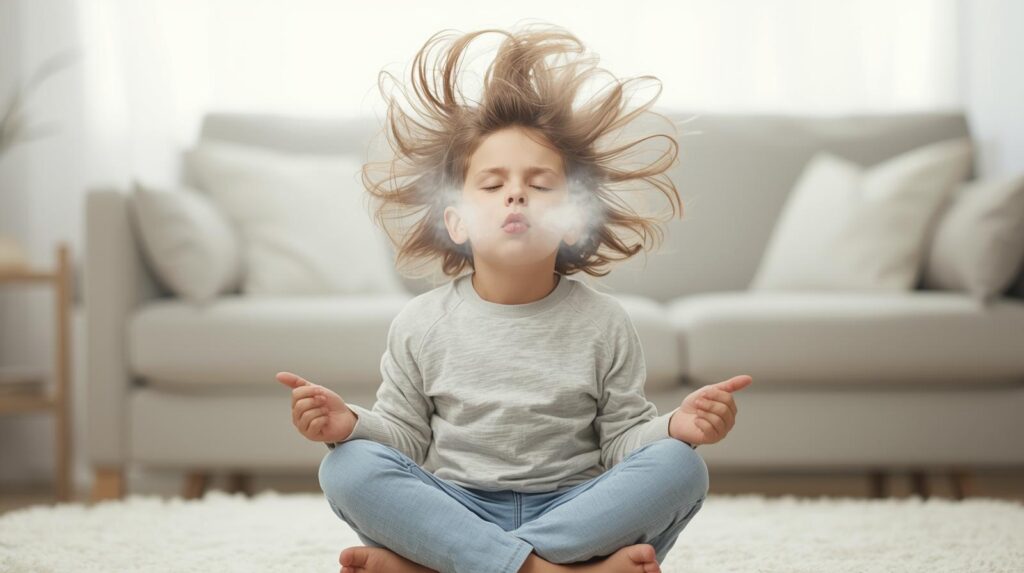 Kind meditiert mit fliegenden Haaren.