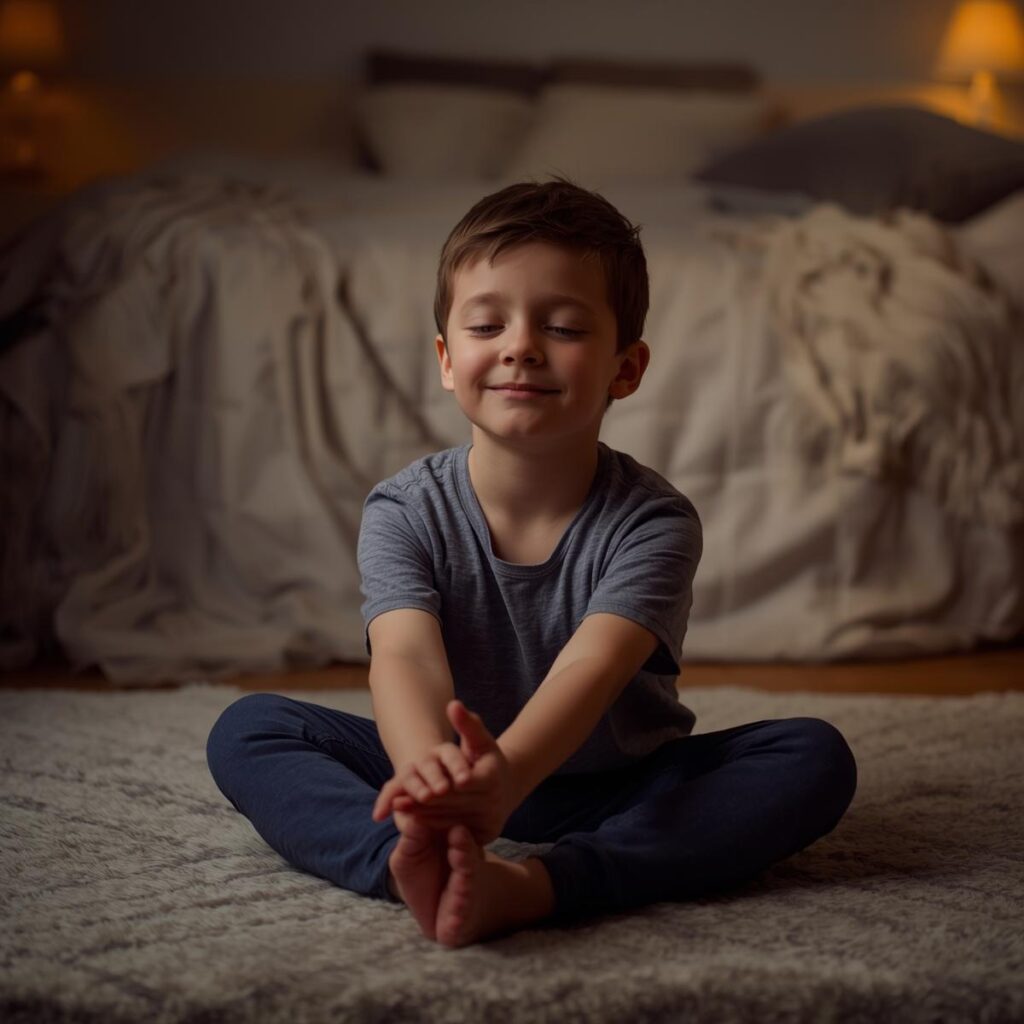 Kind macht Dehnübungen im Schlafzimmer.