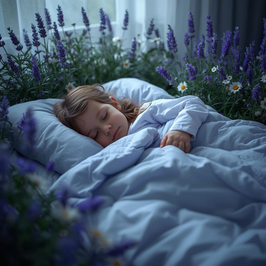 Kind schläft friedlich, während Pflanzen (Lavendel, Kamille, Baldrian) um das Bett herum wachsen Kind schläft umgeben von Blumen.