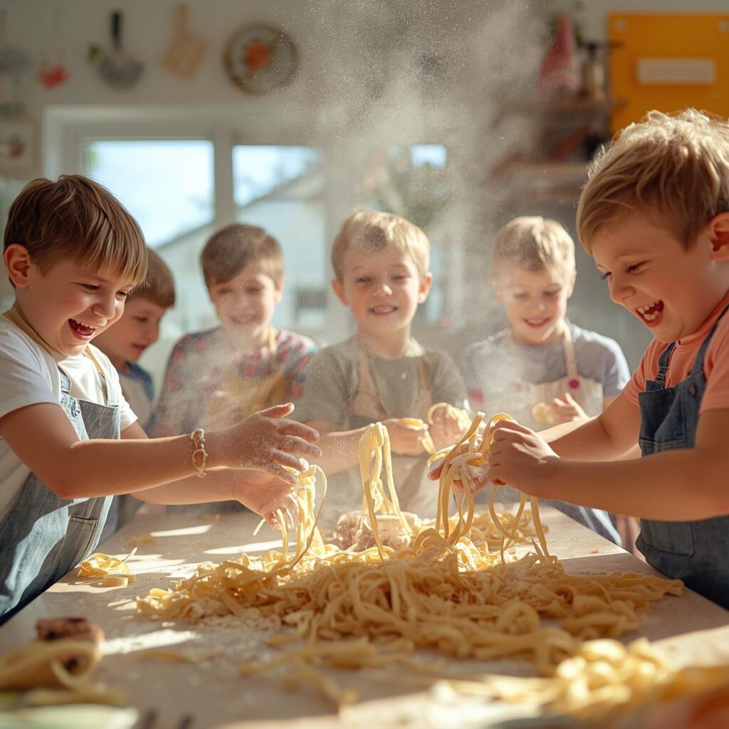Kinder machen Pasta und haben Spaß.
