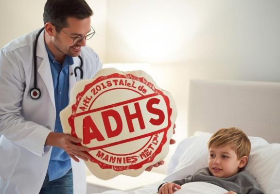 Arzt zeigt ADHS-Siegel einem Kind.